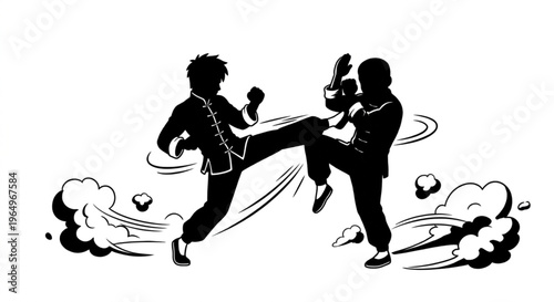 Two men practicing martial arts fighting silhouette action