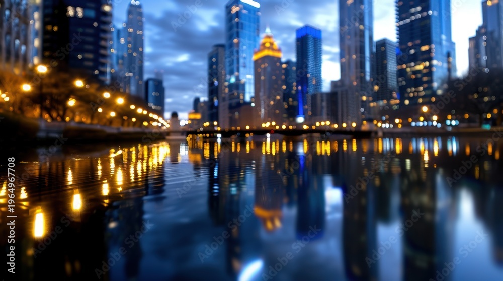 Obraz premium Serene Cityscape Reflection at Dusk with Glowing Lights on Water in Urban Environment
