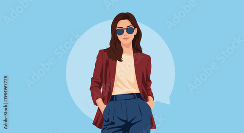 Confident young woman posing in a stylish burgundy blazer and sunglasses against a blue background with a speech bubble shape.