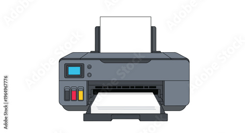 Modern gray inkjet printer illustration with paper in the tray and visible CMYK color ink tanks for home office use.