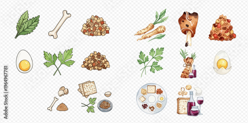 Watercolor Passover Seder Plate Elements and Traditional Jewish Holiday Food Collection.