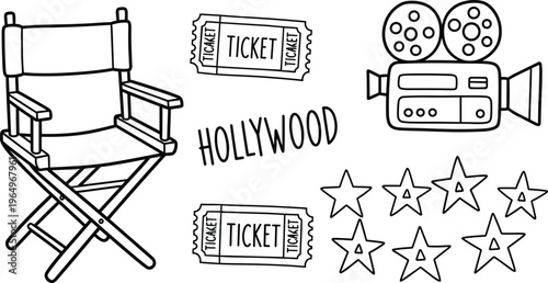 Black and White Hollywood Movie Icons Set Featuring Director Chair, Ticket, Camera, and Film Stars for Cinema and Entertainment Designs