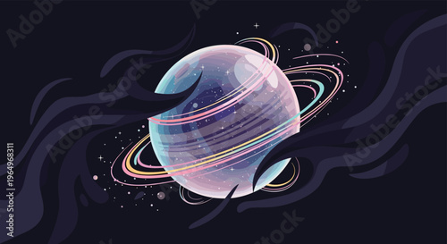 Ethereal stylized planet with glowing colorful rings surrounded by dark cosmic clouds and stars in a dreamlike space illustration.