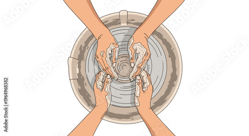 Close up top view of four hands collaboratively shaping wet clay on a pottery wheel in a creative workshop environment.