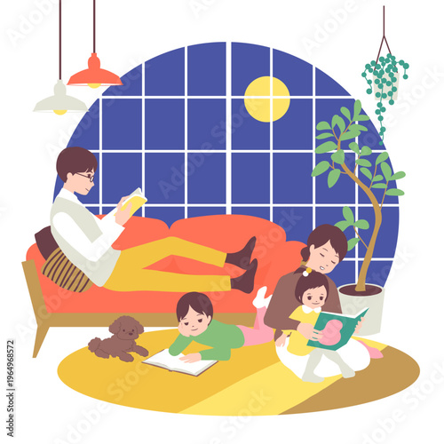 季節のファミリーイラスト（9月）秋の夜長に部屋の中でくつろいで読書をする家族