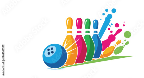 Energetic bowling illustration featuring a blue ball striking colorful pins with vibrant paint splashes and dynamic motion effects.
