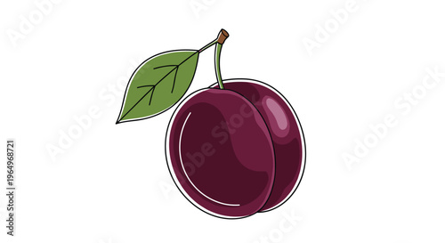 Single ripe purple plum with a fresh green leaf and stem isolated on a plain white background for food illustration concepts.