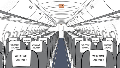 Airplane cabin interior with welcome aboard seat covers and exit sign perspective view showing rows aisle symmetry in clean illustration