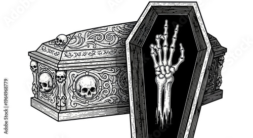 Gothic Coffin with Skeleton Hand, Skulls and Ornate Design, Black and White Illustration