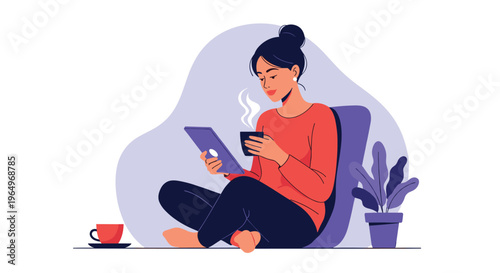 Young woman sitting cross-legged on the floor holding a tablet and a steaming cup of coffee in a cozy indoor home setting.