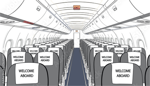 Perspective line illustration of airplane cabin interior with rows of seats aisle symmetry and overhead compartments in clean style minimal