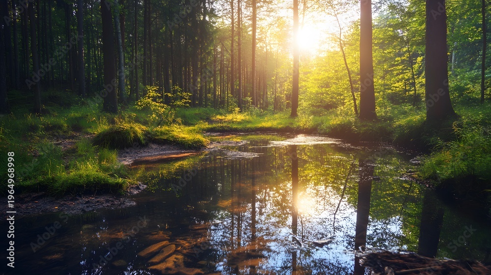 Obraz premium Sunbeams illuminate a tranquil forest stream.
