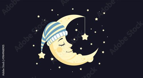 Smiling crescent moon wearing a striped blue nightcap surrounded by stars in a dark midnight blue sky for nursery decoration.