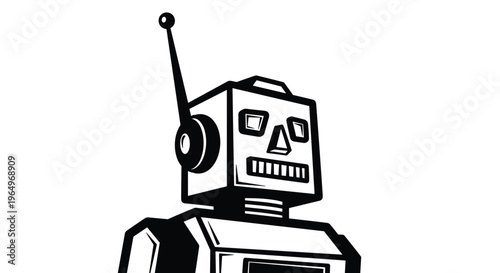 Retro style black and white robot head illustration with an antenna and square features on a white background for technology.