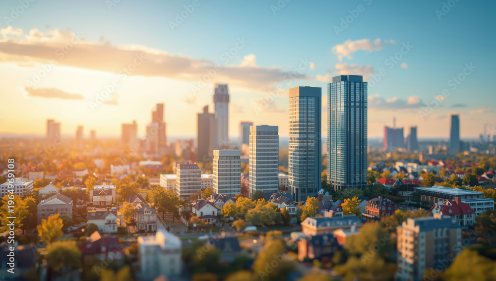 Obraz premium City skyline with modern highrise towers and residential neighborhood at golden hour, warm light