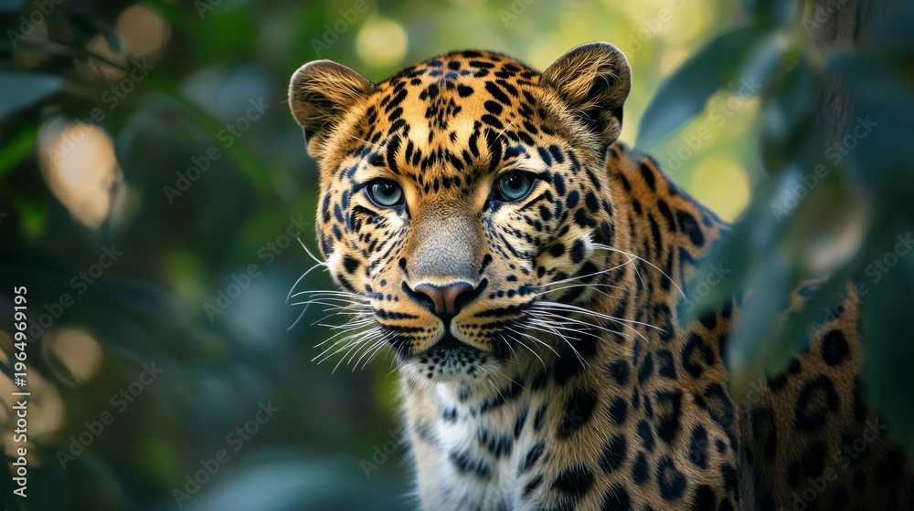 Fototapeta premium amur leopard staring through dense forest, generative ai
