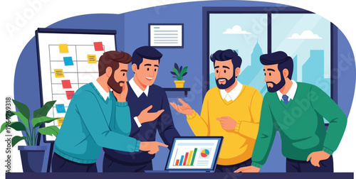 Business team meeting in office discussing graph on laptop screen together