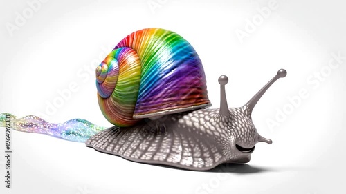 A snail with a rainbow shell and colorful trail on a white background.