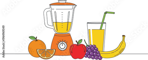 Fruit Juice Blender with Fresh Fruits Colored Line Art Vector Illustration