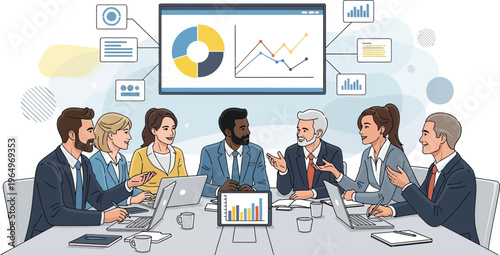 Business people discuss graphs on screen in conference room with laptops