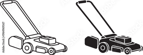 Black and white line of two lawn mowers line black and white