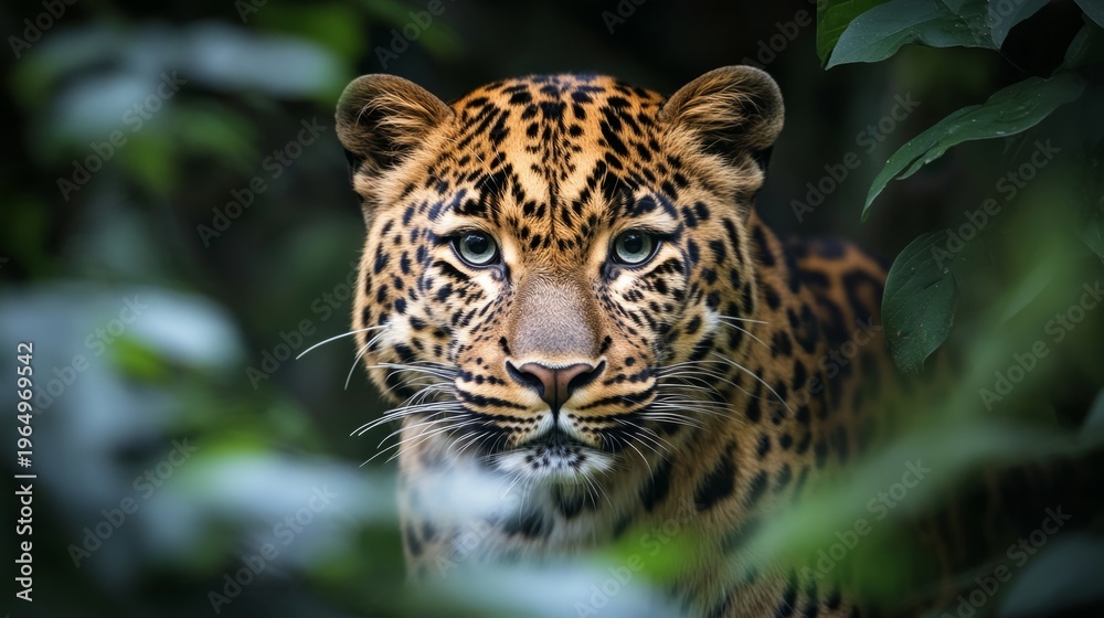 Obraz premium amur leopard staring through dense forest, generative ai