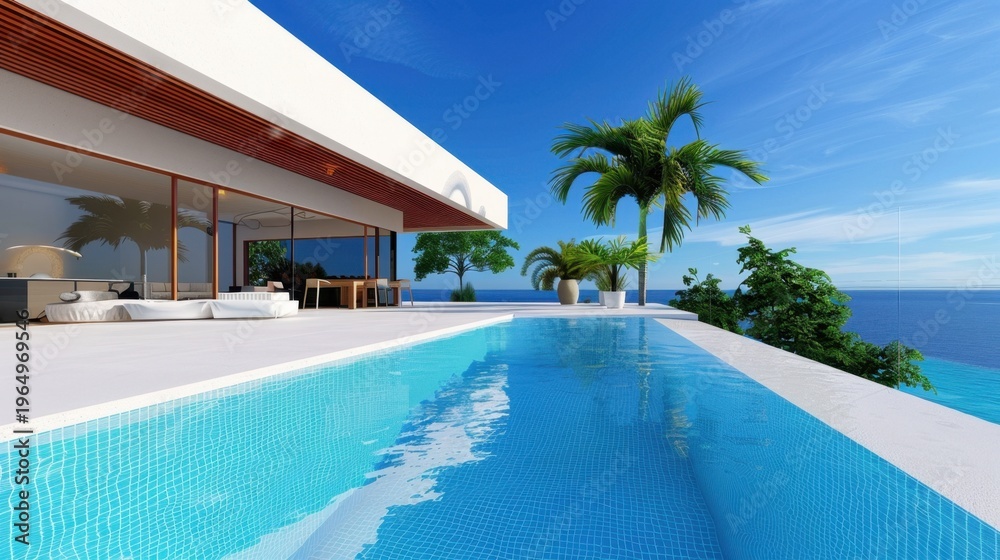 Fototapeta premium Serene Luxury Villa with Infinity Pool Overlooking Blue Ocean in Tropical Paradise