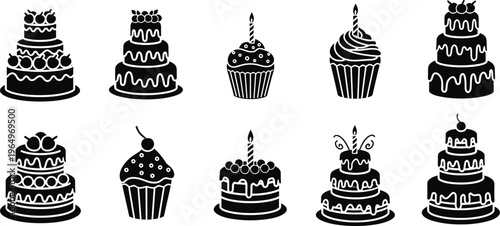 Black silhouette cake and cupcake vector icon collection featuring tiered birthday cakes celebration desserts with candles and sweet treats,