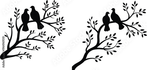 Silhouette of two birds sitting on tree branches with leaves in elegant nature inspired minimal black design