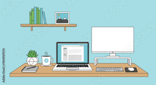 A person works on laptop and computer at a desk with books and plant indoors