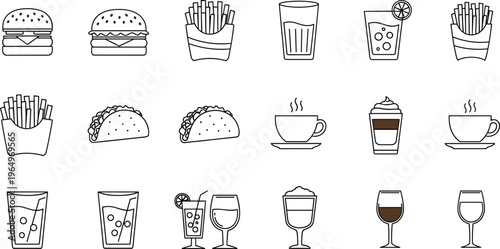 Clean line art fast food and drink vector icon set featuring burgers, french fries, tacos, coffee cups, milkshakes, and cocktails for restaurant menu design, delivery apps, and digital branding.