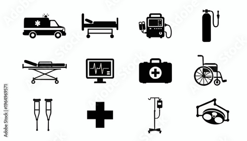 Hospital Equipment and Emergency Services Silhouette Icon Set