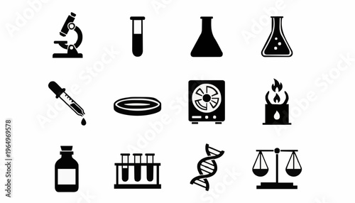Science Laboratory Equipment and Research Silhouette Icons Set