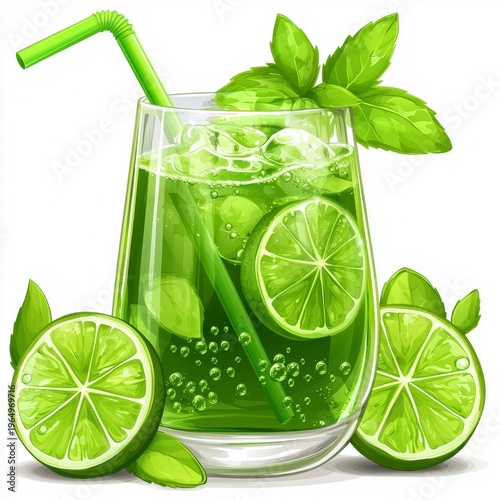 Refreshing Green Mojito Cocktail Illustration with Lime, Mint & Ice