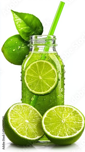 Refreshing Lime Drink Bottle with Fresh Slices and Water Drops on White