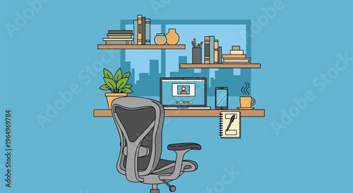 Office chair sits in front of desk with computer and books on shelves indoors