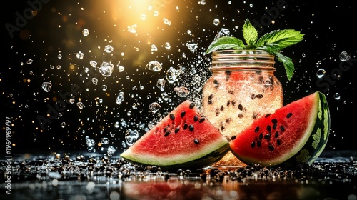 Refreshing Watermelon Mint Drink with Dynamic Water Splash on Dark Background