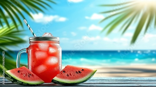 Refreshing Watermelon Drink on Tropical Beach with Palm Leaves