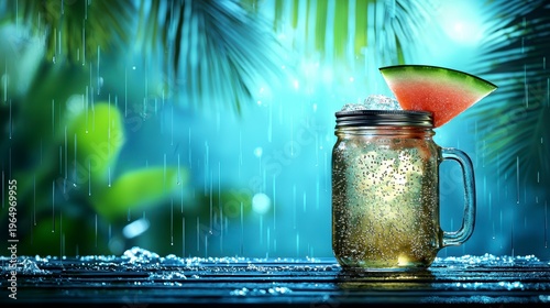 Refreshing Watermelon Cocktail in Tropical Rain - Summer Drink Illustration