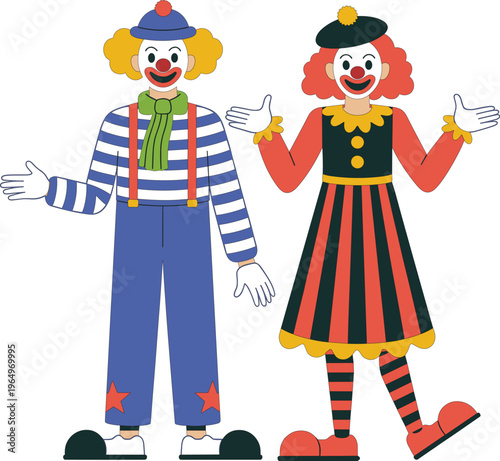 Colorful cartoon clowns characters set with smiling faces costumes and playful expressions in cheerful circus themed illustration style
