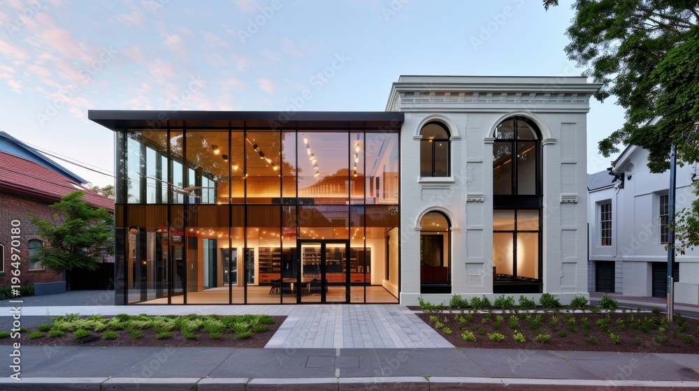 Obraz premium Modern architectural design with large glass windows and elegant classic facade showcasing a contemporary building exterior