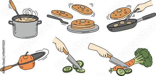 Colorful Cooking Icons Set Featuring Pancakes, Cooking Pot, Vegetables, and Kitchen Tools for Meal Prep and Cooking Designs