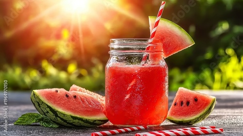 Vibrant Watermelon Smoothie with Fresh Slices in Sunny Summer Garden