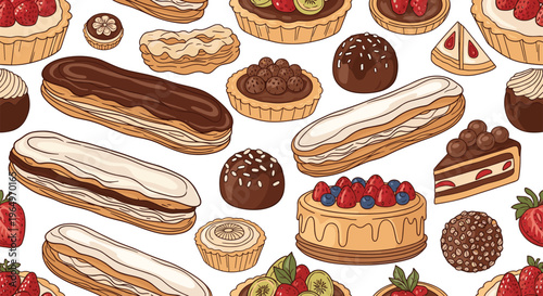 Colorful Dessert Illustration Pattern Featuring Eclairs, Chocolates, Cakes, and Pastries for Sweets, Bakery, and Confectionery Designs