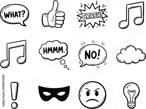 Hand drawn doodle icon set with speech bubbles symbols and expressions including thumbs up music notes and comic elements