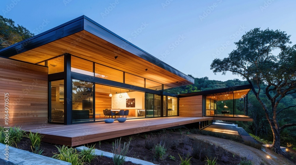 Fototapeta premium Modern architectural design of a wooden house with large glass windows in a serene natural setting at dusk