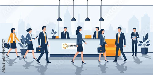 Business professionals interact at office reception with cityscape view