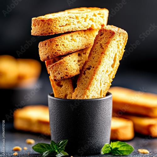 Crispy Golden Bread Sticks Stacked in Black Cup with Mint