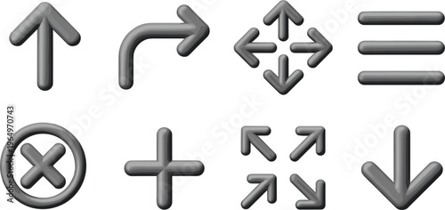 Collection of UI navigation icons with arrows controls and symbols in metallic gray rounded style for digital interface design