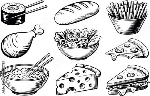 A selection of popular food items is illustrated using detailed black and white cross-hatching. From pizza slices and sushi to bowls of rice and salad, the variety is quite extensive.